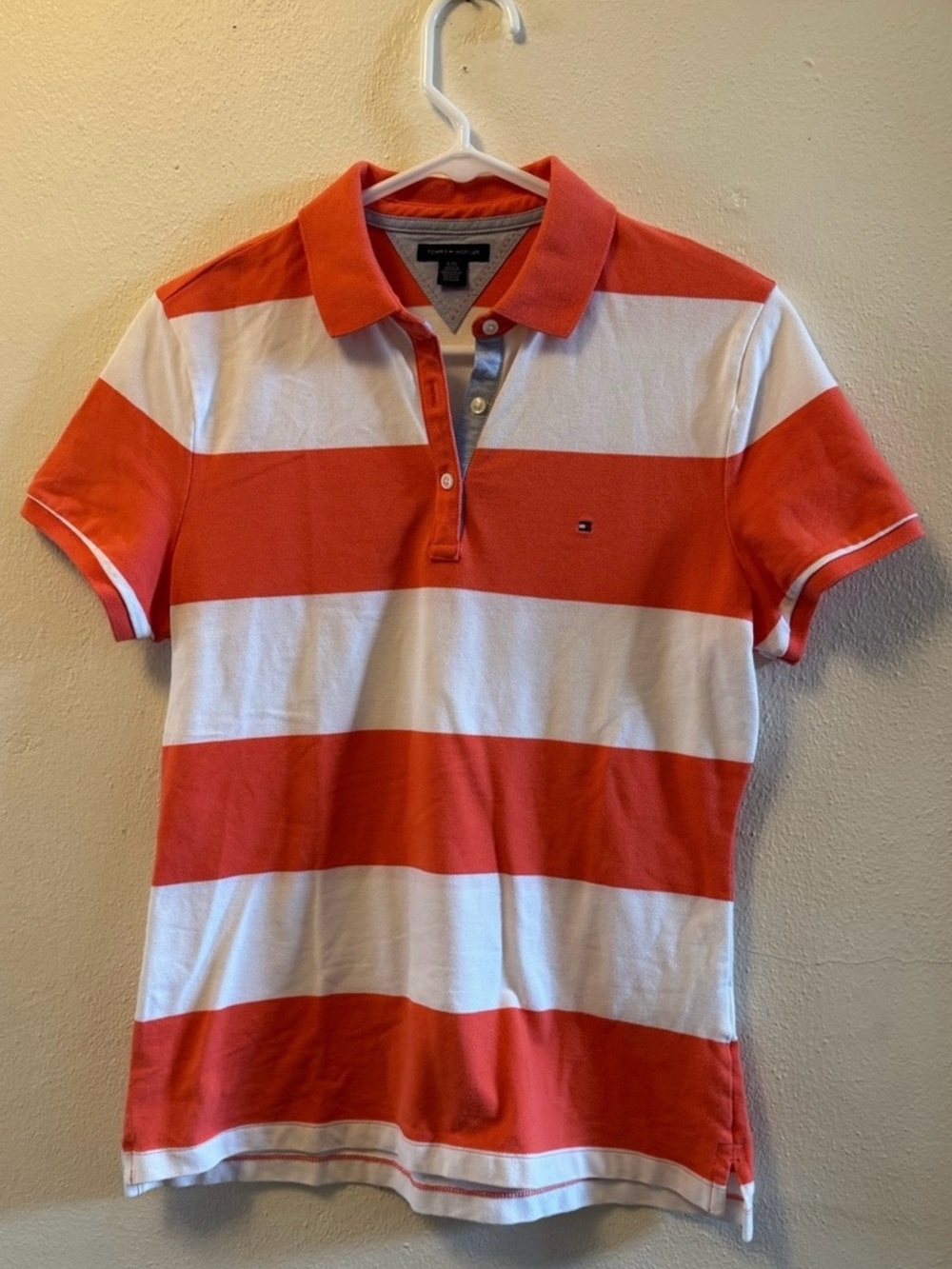 Tommy Hilfiger Orange White Striped Polo Shirt Large Preppy Yacht Style Classic